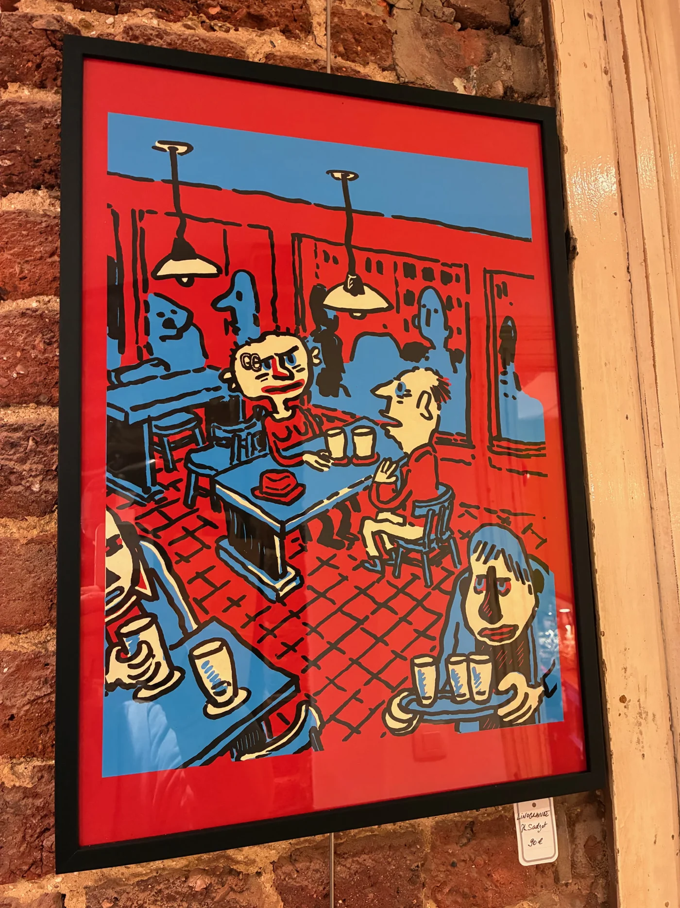 Linogravure Tons rouge et bleu Philippe Sadzot Fifi  - 50 x 35 cm