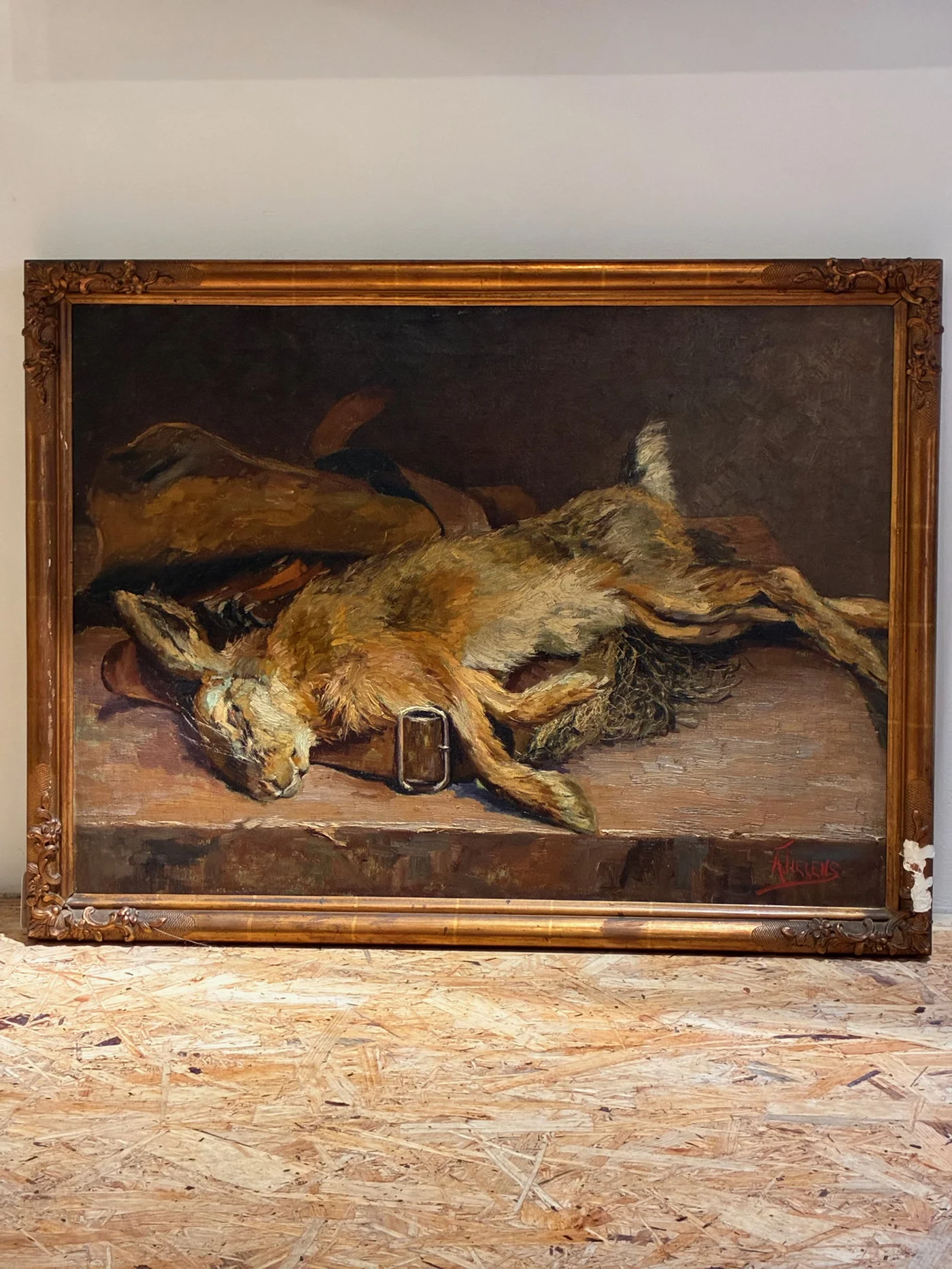 Huile sur toile " Nature morte au lièvre" signée en bas à droite Alexandre TIELENS (1868-1959) - 48 x 65 cm 