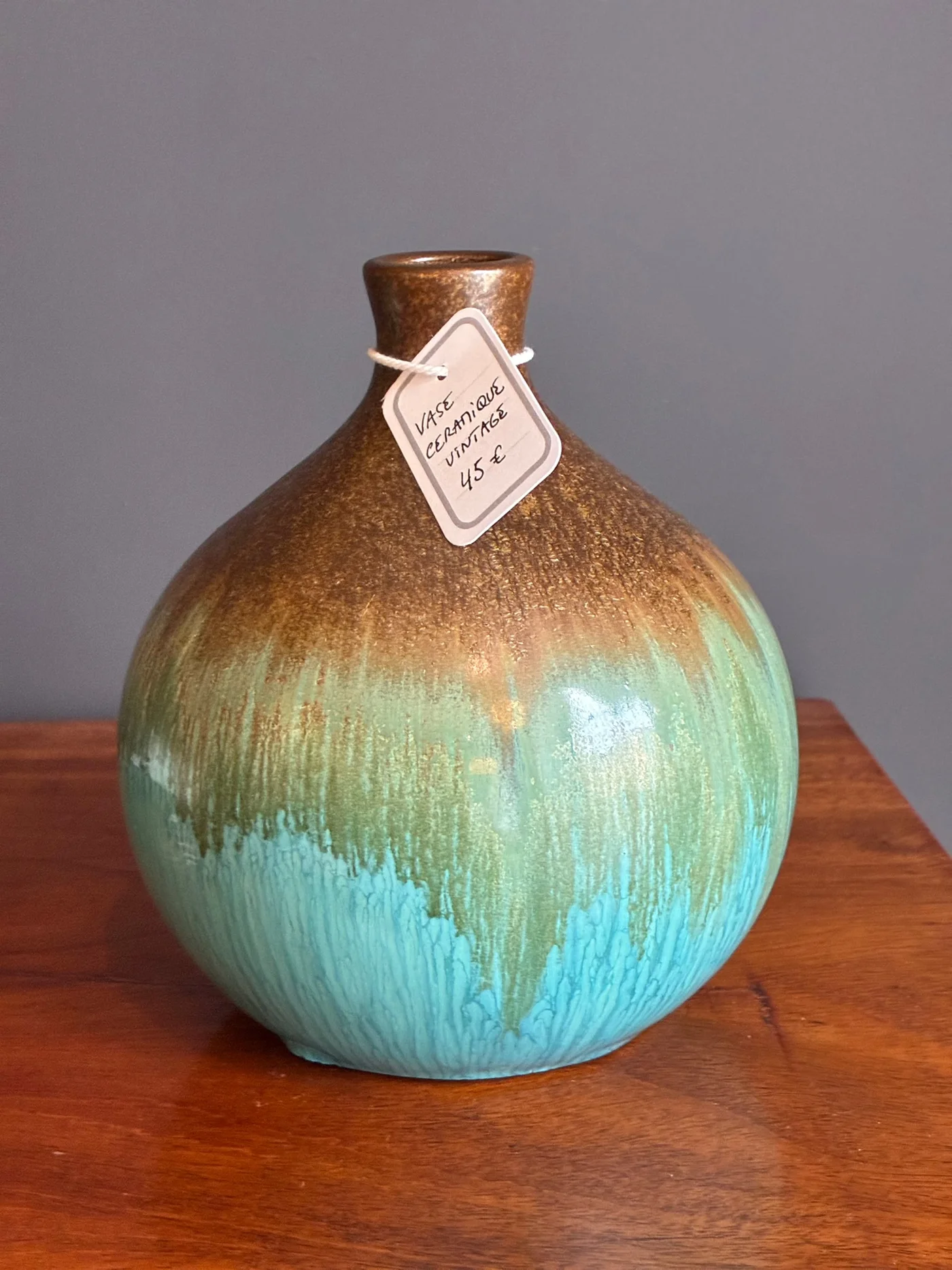 Vase en céramique, à petit col, turquoise flammé de brun - Ht 18 cm 