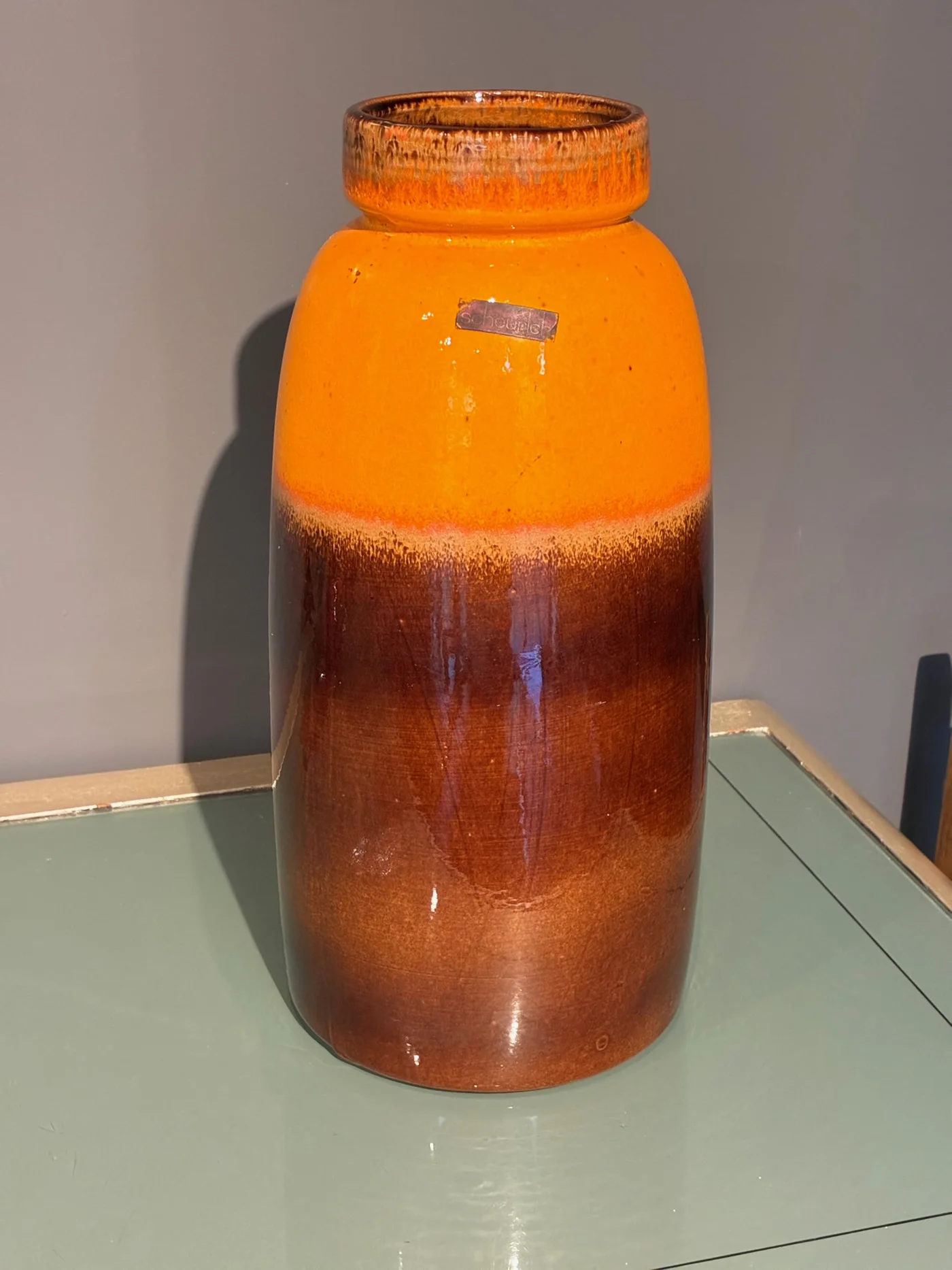 Vase en grès vernissé, orange et brun - 1970s - Fat Lava - Glaçage dégradé - Scheurich West Germany - Ht 38 cm 