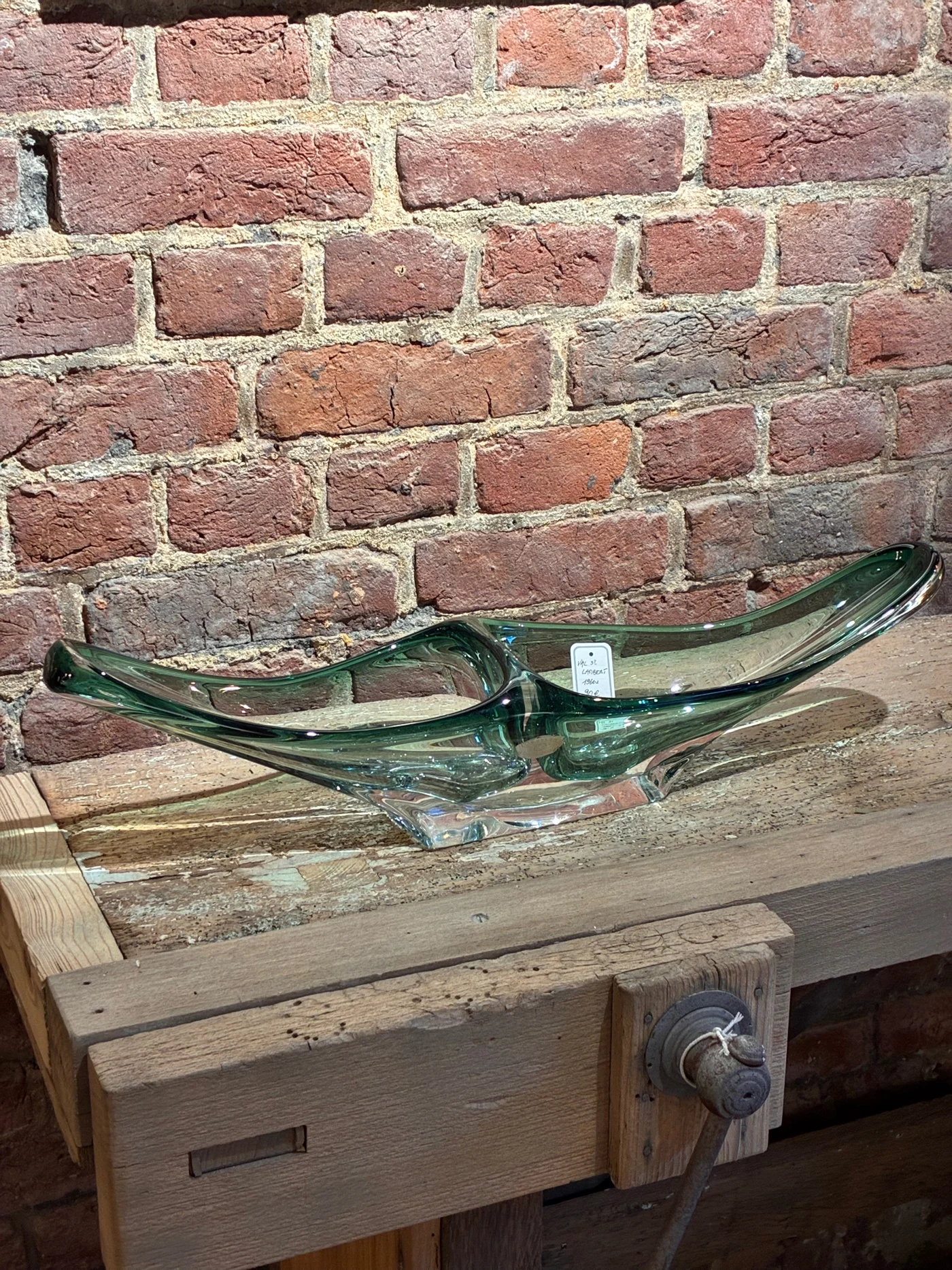 Plat milieu de table à double compartiment, vert - Val Saint Lambert - 1960s - 17 x 63 x 15 cm