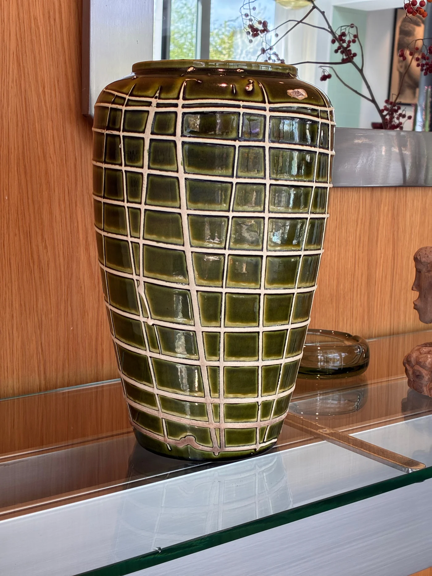 Grand vase en céramique verte à motif quadrillé blanc- Bay Keramik West Germany - Circa 1960s