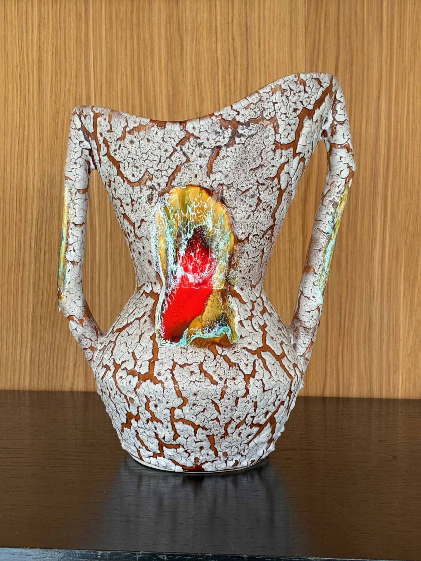 Vase ansé en céramique vernissée, Vallauris, "fat lava glaze" 