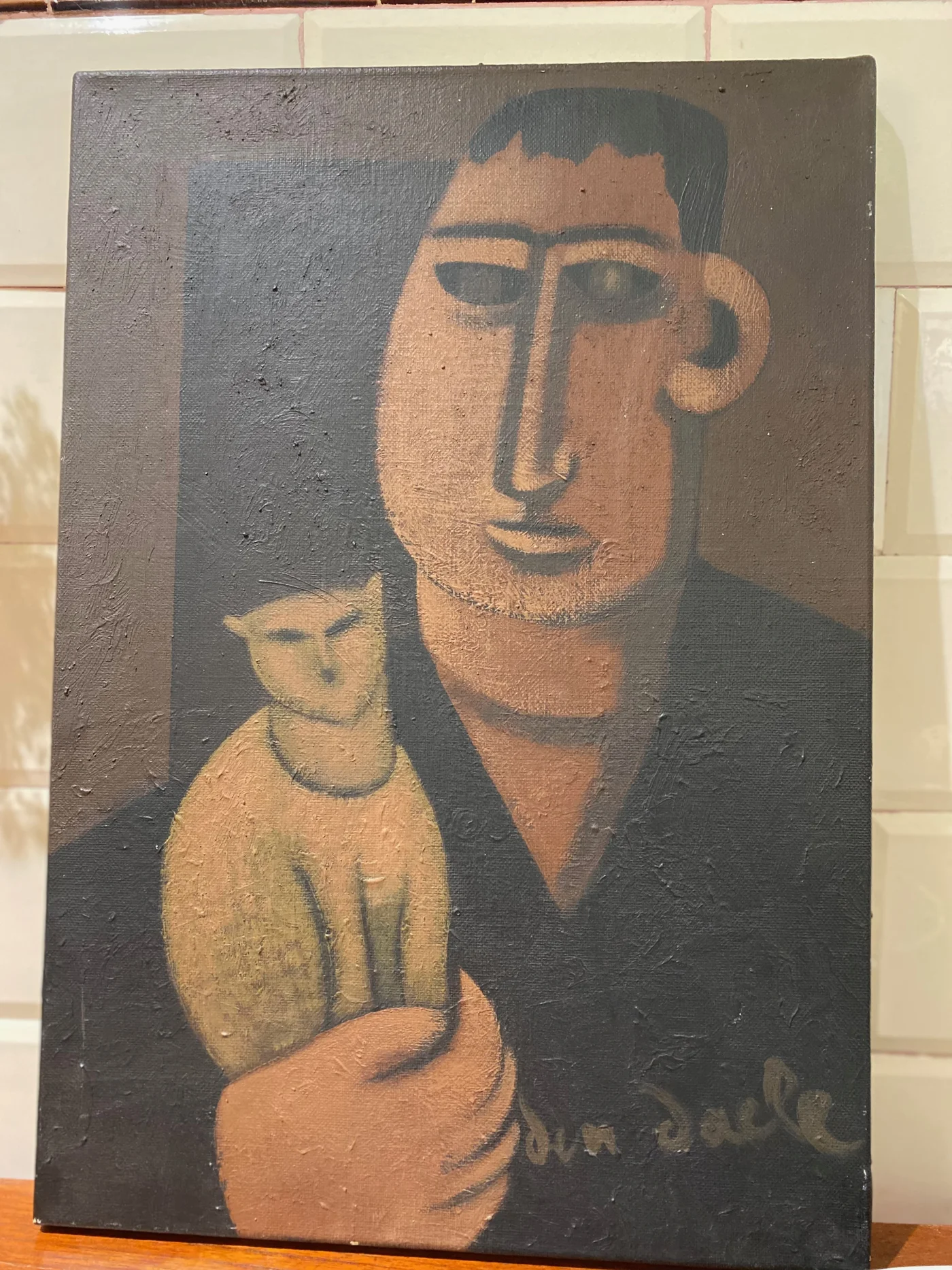 Huile sur toile - Homme au chat - Signé Den Daele (non encadré) - 50 x 35 cm