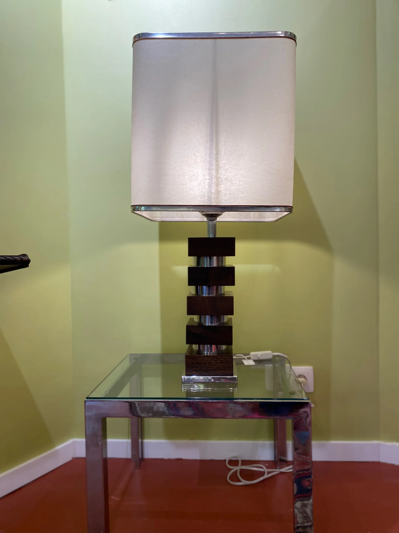 Grande lampe à poser - Late 20th century - Pied bois et alu - Ht totale 81 cm 