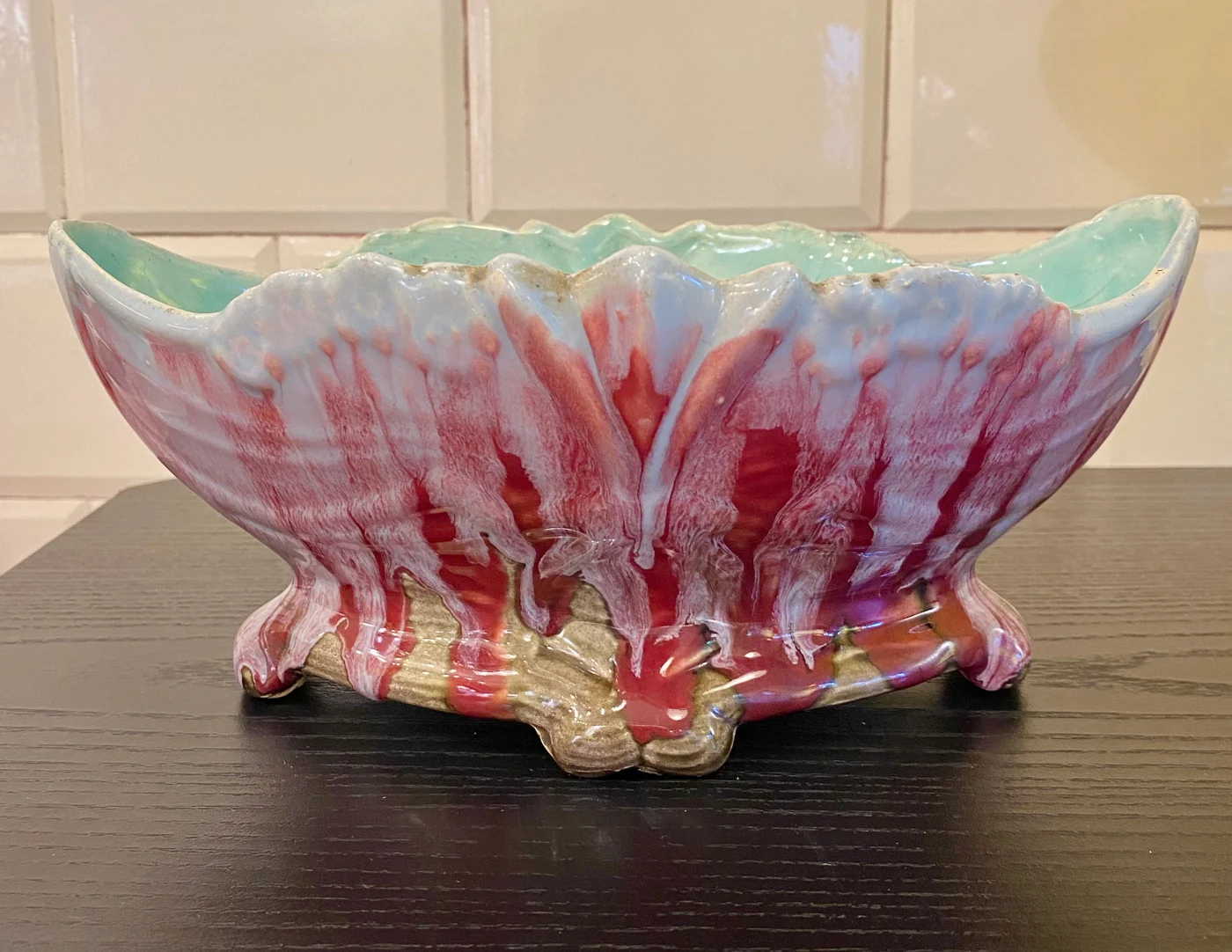 Petit plat (cache-pot) majolique, type Vallauris (France) (1900-1930) - Ht 11 cm x 26 cm