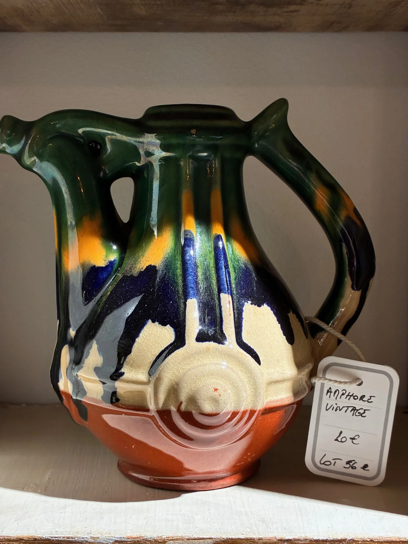 Céramique petite amphore vintage - Glaçure coulante multicolore et base terracotta