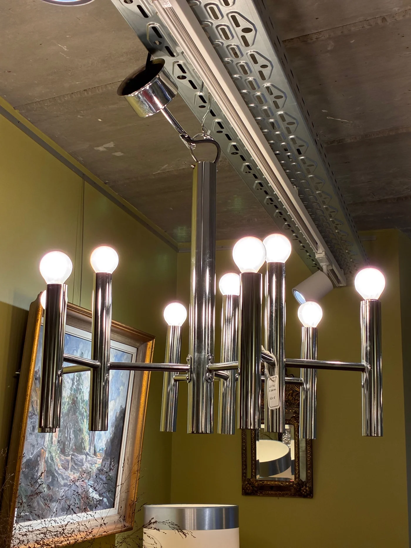 Suspension (probablement) Gaetano Sciolari - Lustre vintage chromé à 3 triple bras de lumière