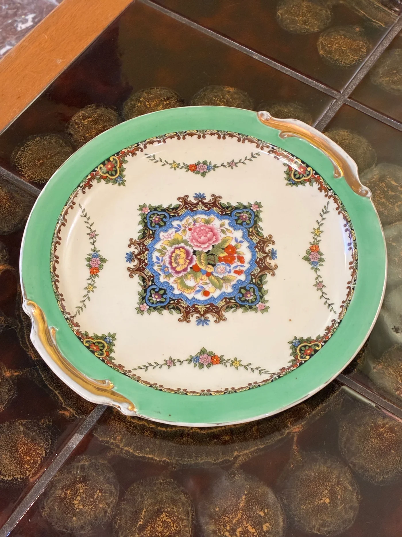 Plat Assiette vert et fleurs NORITAKE Japon (hand painted) probablement 1930