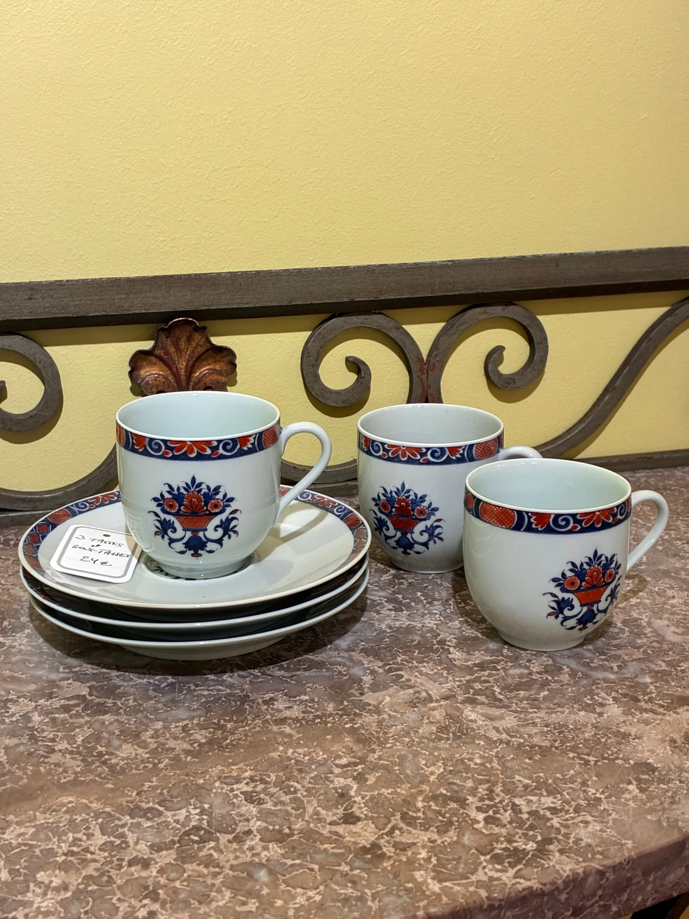 Lot de 3 tasses et sous tasses brunes/bleues - Raynaud Limoges 